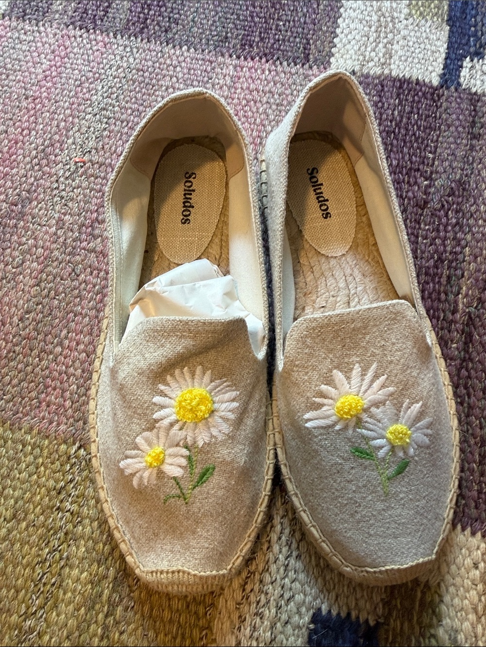Soludos Beige Espadrille Slip-Ons with White & Yellow Daisy Embroidery